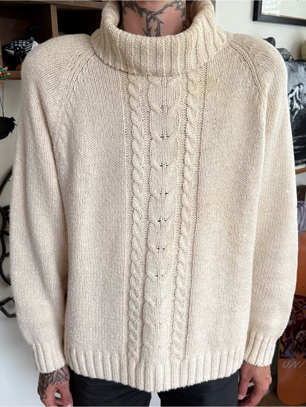 Vintage 80s 90s Cream Cable Knit Cowl Neck Sweater ~ Size Large